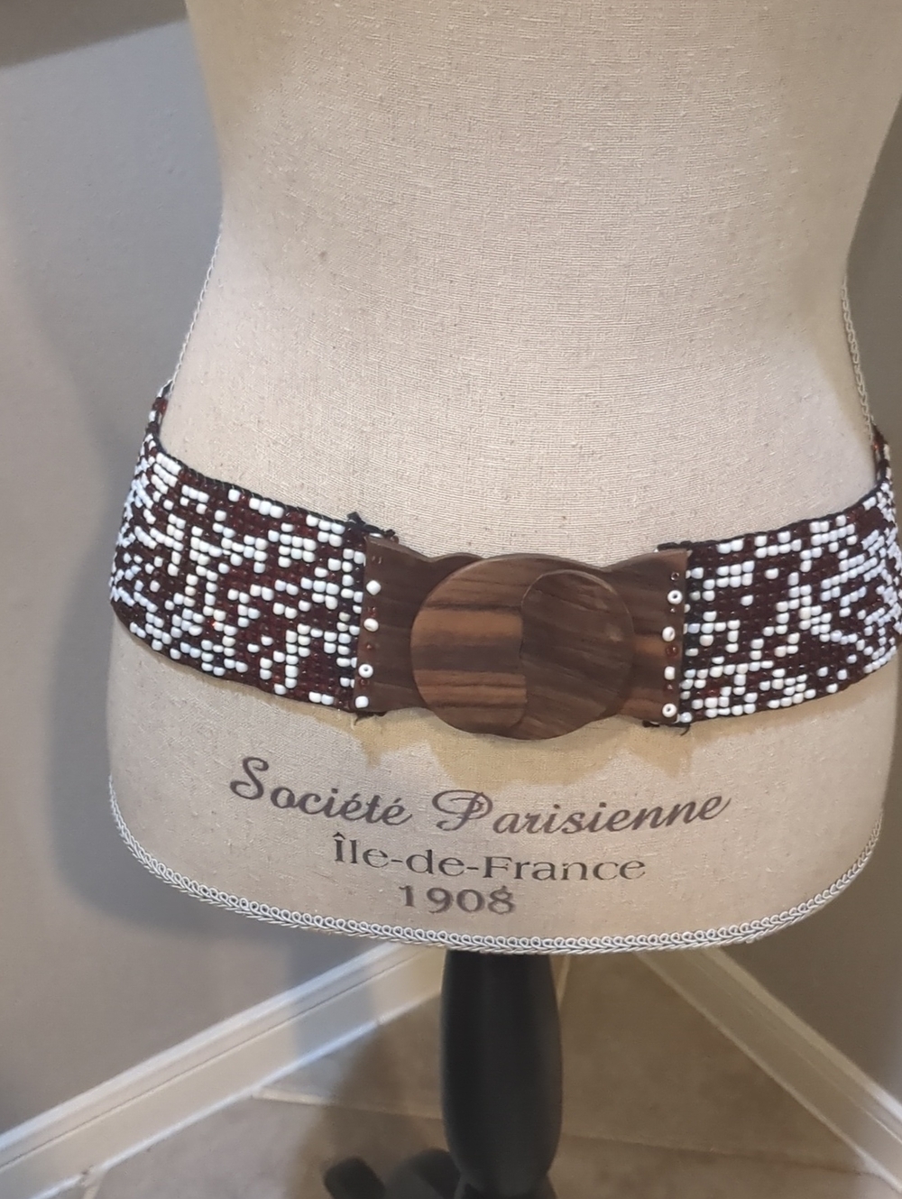 Chico's Interlocking Beaded Brown and White Belt with Wooden Buckle